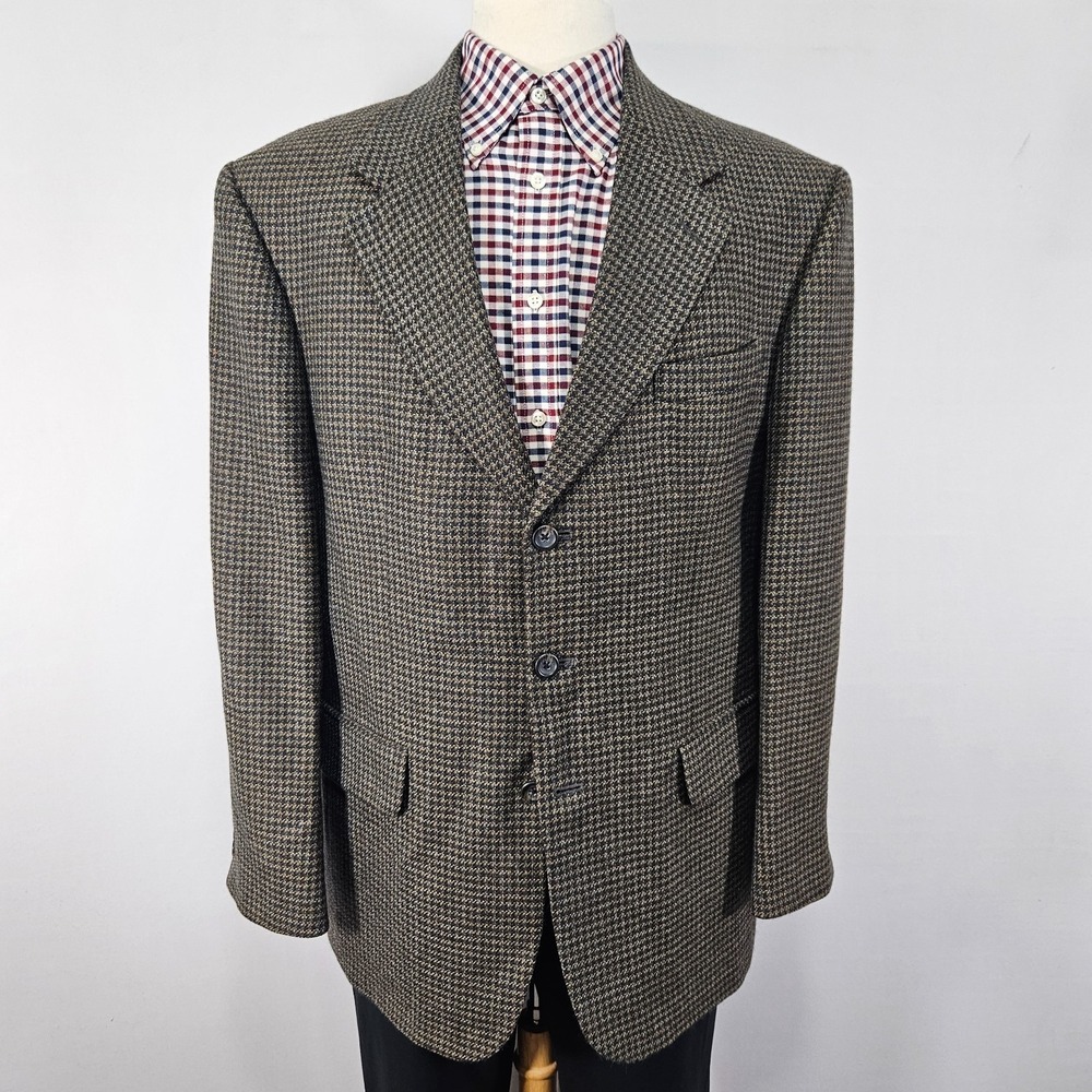 VTG RBM Men's Sport Coat Blazer Three Button Brown Houndstooth Lambs Wool 42R